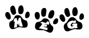 The image shows a row of animal paw prints, each containing a letter. The letters spell out the word Meg within the paw prints.