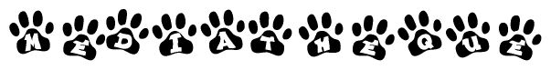 The image shows a row of animal paw prints, each containing a letter. The letters spell out the word Mediatheque within the paw prints.