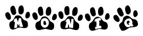The image shows a row of animal paw prints, each containing a letter. The letters spell out the word Moniq within the paw prints.