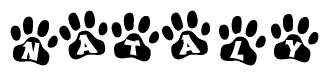 The image shows a row of animal paw prints, each containing a letter. The letters spell out the word Nataly within the paw prints.