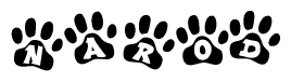 The image shows a series of animal paw prints arranged horizontally. Within each paw print, there's a letter; together they spell Narod