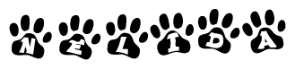 The image shows a series of animal paw prints arranged in a horizontal line. Each paw print contains a letter, and together they spell out the word Nelida.