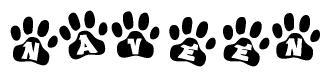 The image shows a series of animal paw prints arranged horizontally. Within each paw print, there's a letter; together they spell Naveen