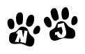 The image shows a series of animal paw prints arranged in a horizontal line. Each paw print contains a letter, and together they spell out the word Nj.
