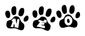 The image shows a row of animal paw prints, each containing a letter. The letters spell out the word Neo within the paw prints.