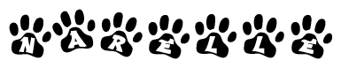 The image shows a series of animal paw prints arranged horizontally. Within each paw print, there's a letter; together they spell Narelle