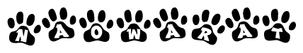 The image shows a series of animal paw prints arranged in a horizontal line. Each paw print contains a letter, and together they spell out the word Naowarat.