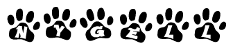 The image shows a row of animal paw prints, each containing a letter. The letters spell out the word Nygell within the paw prints.
