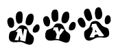 The image shows a series of animal paw prints arranged horizontally. Within each paw print, there's a letter; together they spell Nya