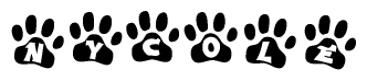 The image shows a series of animal paw prints arranged horizontally. Within each paw print, there's a letter; together they spell Nycole