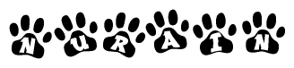 The image shows a series of animal paw prints arranged in a horizontal line. Each paw print contains a letter, and together they spell out the word Nurain.