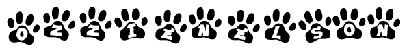 The image shows a series of animal paw prints arranged horizontally. Within each paw print, there's a letter; together they spell Ozzienelson