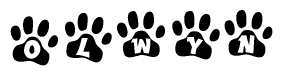 The image shows a series of animal paw prints arranged horizontally. Within each paw print, there's a letter; together they spell Olwyn