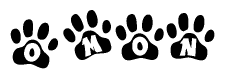 The image shows a series of animal paw prints arranged in a horizontal line. Each paw print contains a letter, and together they spell out the word Omon.