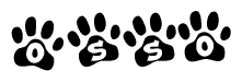 The image shows a series of animal paw prints arranged horizontally. Within each paw print, there's a letter; together they spell Osso