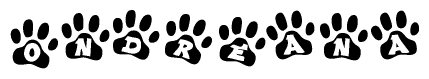 The image shows a series of animal paw prints arranged in a horizontal line. Each paw print contains a letter, and together they spell out the word Ondreana.