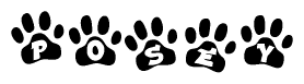 The image shows a series of animal paw prints arranged horizontally. Within each paw print, there's a letter; together they spell Posey