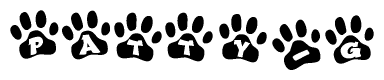 The image shows a series of animal paw prints arranged in a horizontal line. Each paw print contains a letter, and together they spell out the word Patty-g.