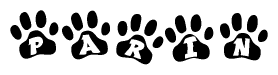 The image shows a series of animal paw prints arranged horizontally. Within each paw print, there's a letter; together they spell Parin