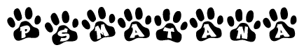 The image shows a series of animal paw prints arranged horizontally. Within each paw print, there's a letter; together they spell Psmatana