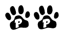 The image shows a series of animal paw prints arranged in a horizontal line. Each paw print contains a letter, and together they spell out the word Pp.
