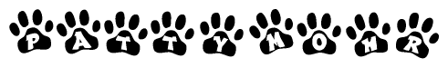 The image shows a series of animal paw prints arranged in a horizontal line. Each paw print contains a letter, and together they spell out the word Pattymohr.