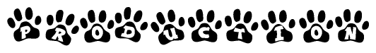 The image shows a series of animal paw prints arranged horizontally. Within each paw print, there's a letter; together they spell Production