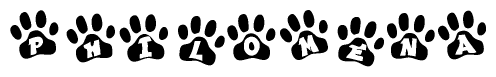 The image shows a series of animal paw prints arranged horizontally. Within each paw print, there's a letter; together they spell Philomena