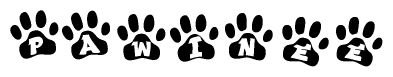 The image shows a series of animal paw prints arranged in a horizontal line. Each paw print contains a letter, and together they spell out the word Pawinee.