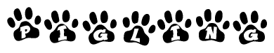 The image shows a series of animal paw prints arranged in a horizontal line. Each paw print contains a letter, and together they spell out the word Pigling.