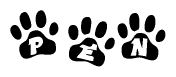 The image shows a row of animal paw prints, each containing a letter. The letters spell out the word Pen within the paw prints.