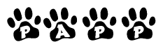 The image shows a series of animal paw prints arranged horizontally. Within each paw print, there's a letter; together they spell Papp