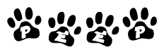 The image shows a series of animal paw prints arranged in a horizontal line. Each paw print contains a letter, and together they spell out the word Peep.