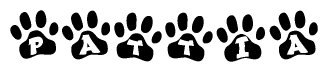 The image shows a series of animal paw prints arranged horizontally. Within each paw print, there's a letter; together they spell Pattia