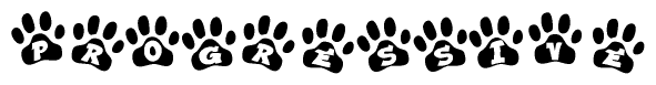 The image shows a series of animal paw prints arranged horizontally. Within each paw print, there's a letter; together they spell Progressive