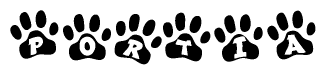 The image shows a row of animal paw prints, each containing a letter. The letters spell out the word Portia within the paw prints.