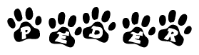 The image shows a series of animal paw prints arranged in a horizontal line. Each paw print contains a letter, and together they spell out the word Peder.