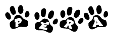 The image shows a row of animal paw prints, each containing a letter. The letters spell out the word Pera within the paw prints.