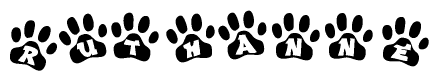 The image shows a series of animal paw prints arranged in a horizontal line. Each paw print contains a letter, and together they spell out the word Ruthanne.
