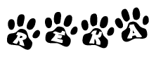 The image shows a series of animal paw prints arranged horizontally. Within each paw print, there's a letter; together they spell Reka