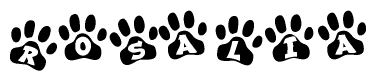 The image shows a series of animal paw prints arranged horizontally. Within each paw print, there's a letter; together they spell Rosalia