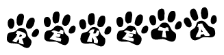 The image shows a row of animal paw prints, each containing a letter. The letters spell out the word Reketa within the paw prints.