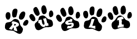 The image shows a row of animal paw prints, each containing a letter. The letters spell out the word Rusli within the paw prints.