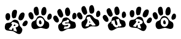 The image shows a series of animal paw prints arranged horizontally. Within each paw print, there's a letter; together they spell Rosauro