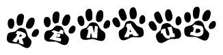 The image shows a row of animal paw prints, each containing a letter. The letters spell out the word Renaud within the paw prints.