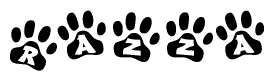 The image shows a series of animal paw prints arranged in a horizontal line. Each paw print contains a letter, and together they spell out the word Razza.
