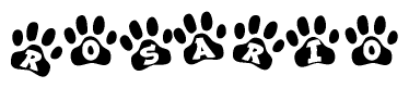 The image shows a series of animal paw prints arranged horizontally. Within each paw print, there's a letter; together they spell Rosario