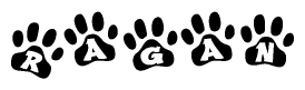 The image shows a series of animal paw prints arranged in a horizontal line. Each paw print contains a letter, and together they spell out the word Ragan.