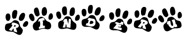 The image shows a series of animal paw prints arranged in a horizontal line. Each paw print contains a letter, and together they spell out the word Rinderu.