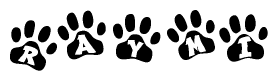 The image shows a row of animal paw prints, each containing a letter. The letters spell out the word Raymi within the paw prints.